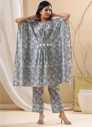 Grey Fancy Party Wear Printed Kaftan With Pant