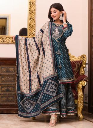 Blue Fancy Traditional Wear Hand Work Readymade Salwar Suit