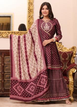 Wine Fancy Traditional Wear Hand Work Readymade Salwar Suit