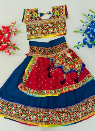 Blue Pink Pure Cotton Traditional Wear Mirror Work Kids Lehenga Choli