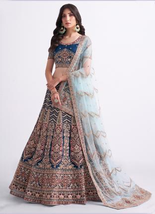Persian Blue Net Bridal Wear Cording Work Lehenga Choli