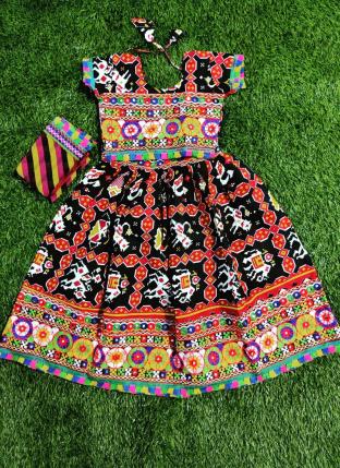 Black Pure Cotton Festival Wear Embroidery Work Kids Lehenga Choli