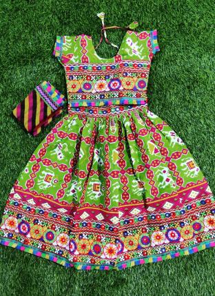 Green Pure Cotton Festival Wear Embroidery Work Kids Lehenga Choli