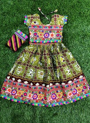 Olive Green Pure Cotton Festival Wear Embroidery Work Kids Lehenga Choli