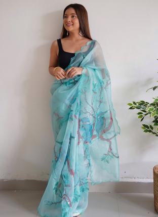 Sky Blue Organza Traditional Wear Digital Printed Saree
