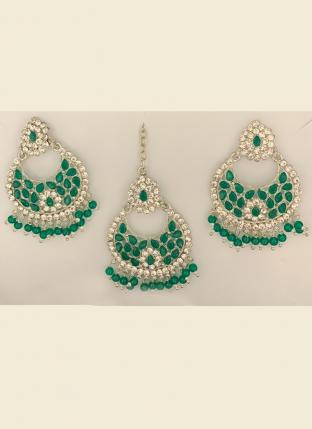 Green Stone Studded Silver Plated Earrings With Maang Tikka