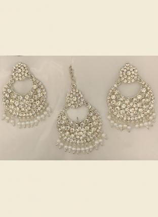 White Stone Studded Silver Plated Earrings With Maang Tikka