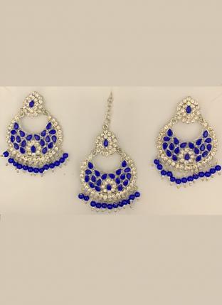 Blue Stone Studded Silver Plated Earrings With Maang Tikka