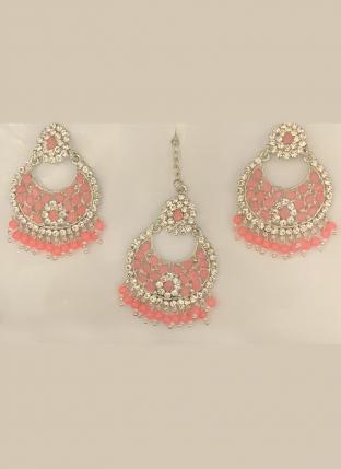 Dusty Pink Stone Studded Silver Plated Earrings With Maang Tikka