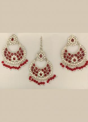 Maroon Stone Studded Silver Plated Earrings With Maang Tikka