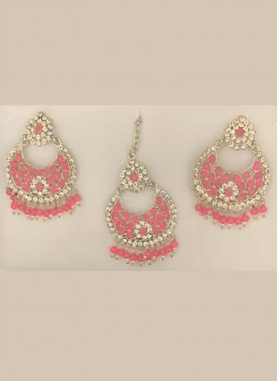 Pink Stone Studded Silver Plated Earrings With Maang Tikka