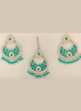 Sky Blue Stone Studded Silver Plated Earrings With Maang Tikka