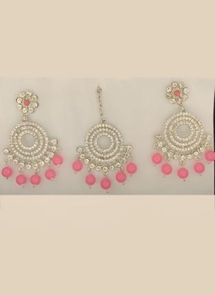 Pink Silver Tone Fancy Earrings With Maang Tikka