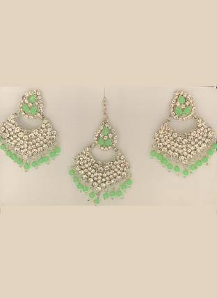 Light Green Pasa Design Diamond Studded Earrings With Maang Tikka