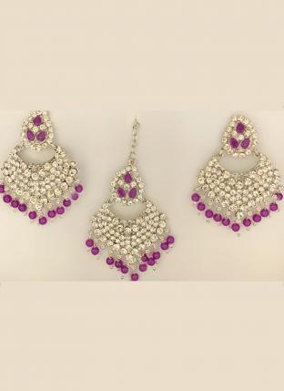 Purple Pasa Design Diamond Studded Earrings With Maang Tikka