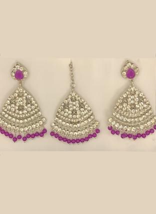 Purple Stone Studded Pasa Design Earrings With Maang Tikka