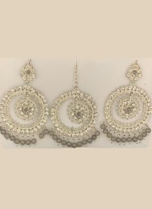 Grey Silver Tone Stone Studded Earrings With Maang Tikka