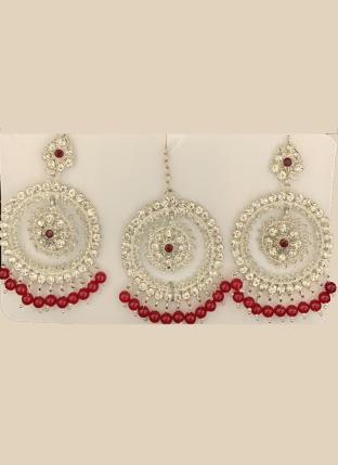 Pink Silver Tone Stone Studded Earrings With Maang Tikka