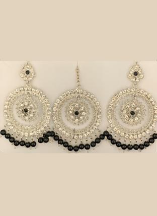 Black Silver Tone Stone Studded Earrings With Maang Tikka