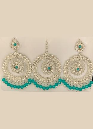 Green Silver Tone Stone Studded Earrings With Maang Tikka