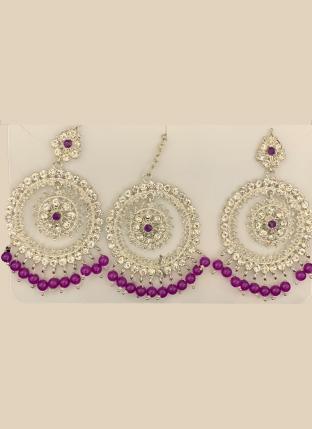 Purple Silver Tone Stone Studded Earrings With Maang Tikka