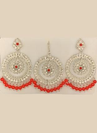 Red Silver Tone Stone Studded Earrings With Maang Tikka