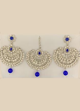 Blue Chandbali Design Stone Studded Earrings With Maang Tikka