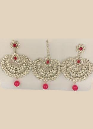 Dark Pink Chandbali Design Stone Studded Earrings With Maang Tikka