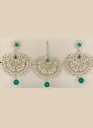 Green Chandbali Design Stone Studded Earrings With Maang Tikka