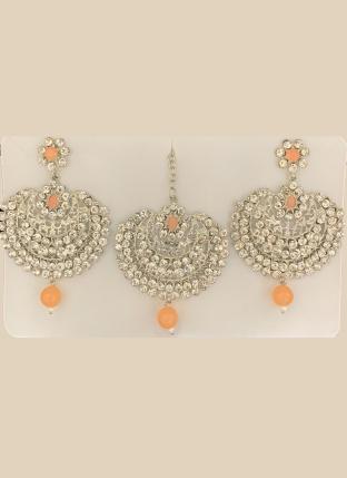 Peach Chandbali Design Stone Studded Earrings With Maang Tikka