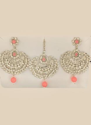 Peach Chandbali Design Stone Studded Earrings With Maang Tikka