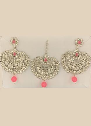 Pink Chandbali Design Stone Studded Earrings With Maang Tikka