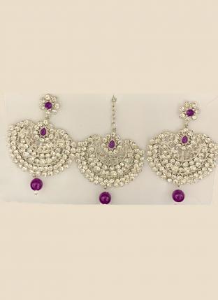 Purple Chandbali Design Stone Studded Earrings With Maang Tikka
