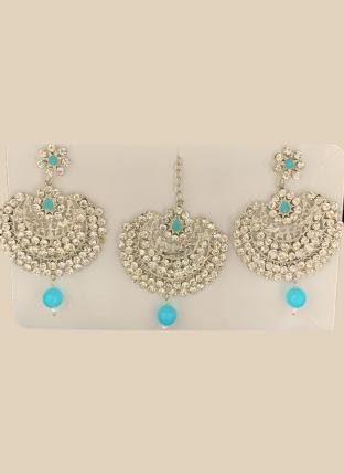 Sky Blue Chandbali Design Stone Studded Earrings With Maang Tikka