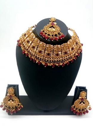 Maroon Kundan Studded Designer Wedding Necklace Set