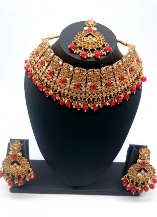 Red Kundan Studded Designer Wedding Necklace Set
