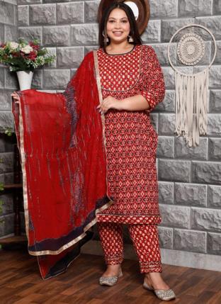 (48 To 54) Red Fancy Party Wear Embroidery Work Plus Size Readymade Salwar Suit