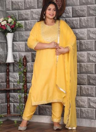 (48 To 54) Yellow Fancy Party Wear Embroidery Work Plus Size Readymade Salwar Suit