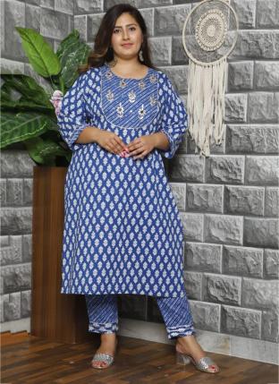 (48 To 54) Blue Fancy Festival Wear Hand Work Plus Size Kurti With Pant