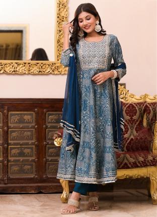 Blue Fancy Party Wear Embroidery Work Readymade Salwar Suit