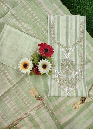 Pista green Muslin Silk Traditional Wear Hand Work Salwar Suit
