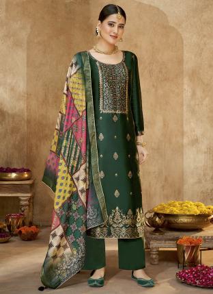 Dark green Dola Jaquard Traditional Wear Hand Work Salwar Suit