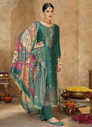Green Dola Jaquard Traditional Wear Hand Work Salwar Suit