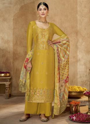 Yellow Dola Jaquard Traditional Wear Hand Work Salwar Suit