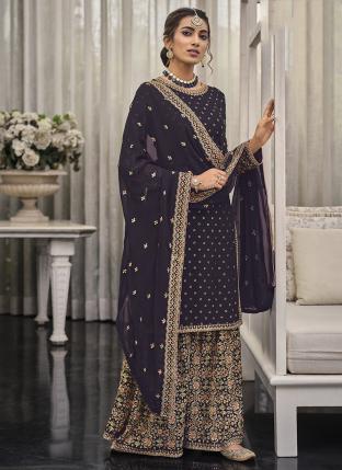 Purple Georgette Traditional Wear Embroidery Work Palazzo Suit