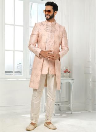 light pink Art Silk Wedding Wear Thread Work Sherwani