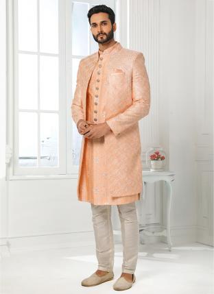 peach Art Silk Wedding Wear Thread Work Sherwani