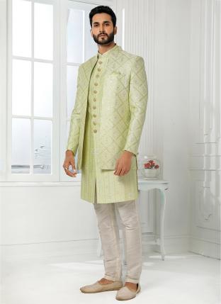 pista green Art Silk Wedding Wear Thread Work Sherwani