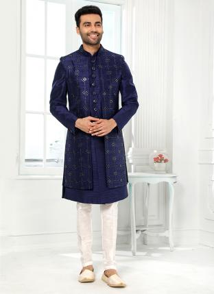 blue Art Silk Wedding Wear Thread Work Sherwani