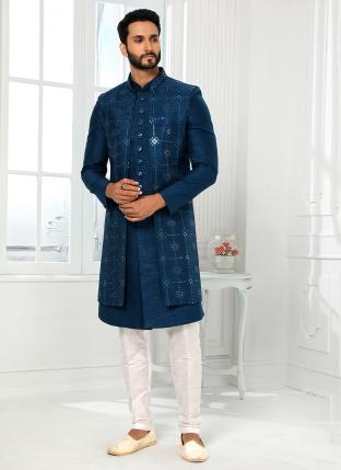 firozi blue Art Silk Wedding Wear Thread Work Sherwani